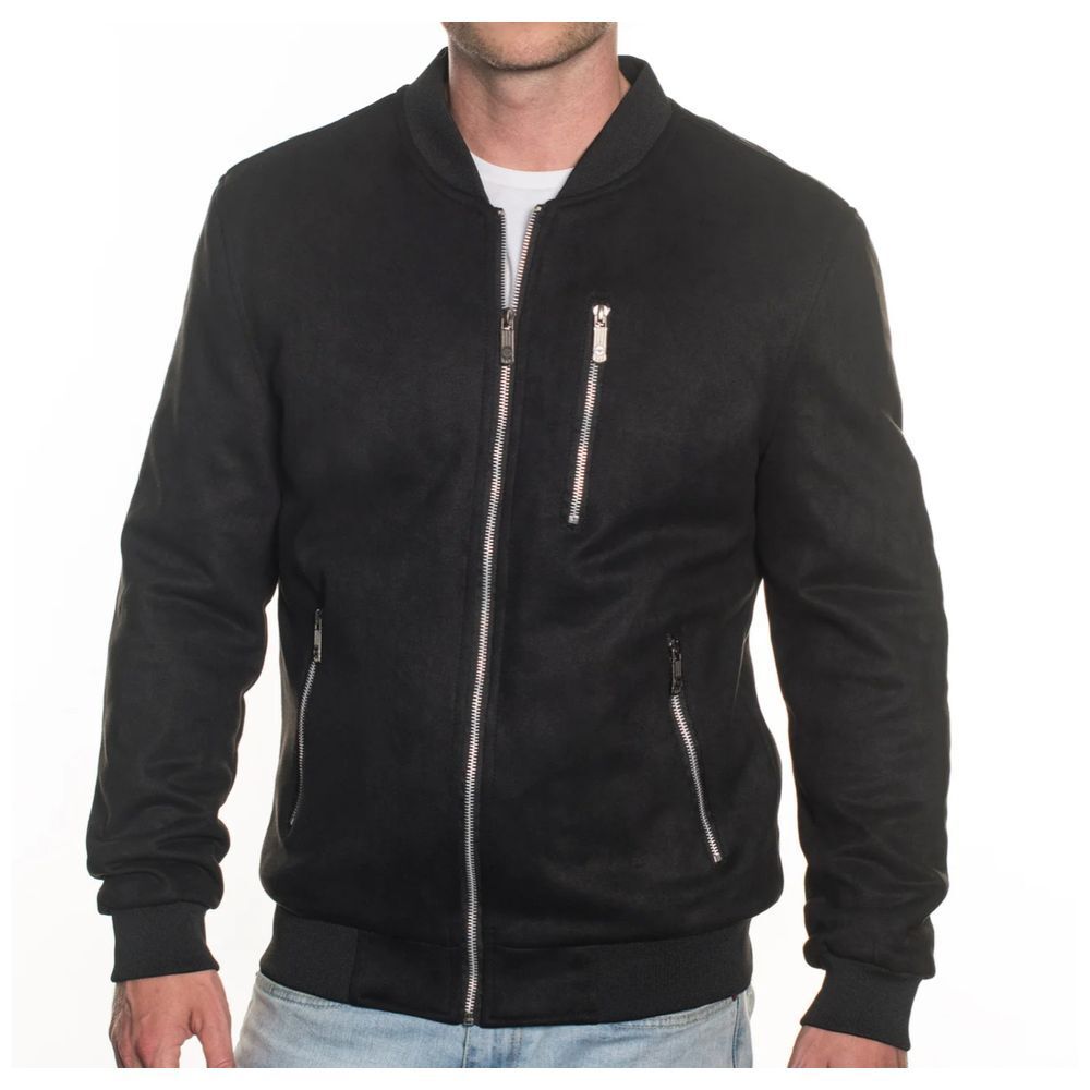 VIP Collection Modern Black Bomber Jacket with Silver Zippers Men's‎ Size M